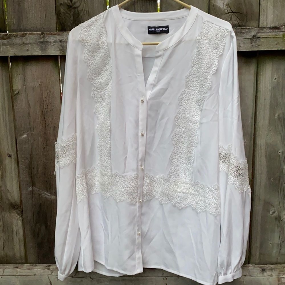 White Lace Button down top sz. L petite